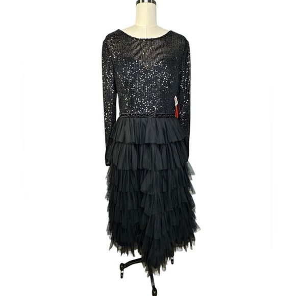 Mac Duggal Black Long Sleeve Ruffle Tiered Sequin Midi Cocktail Dress| 10 - Picture 8 of 10